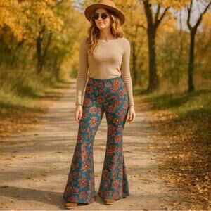 Zara Pants Womens S Teal Floral Boho Bell Bottom Daisy Hippie Pull On Flare Tall